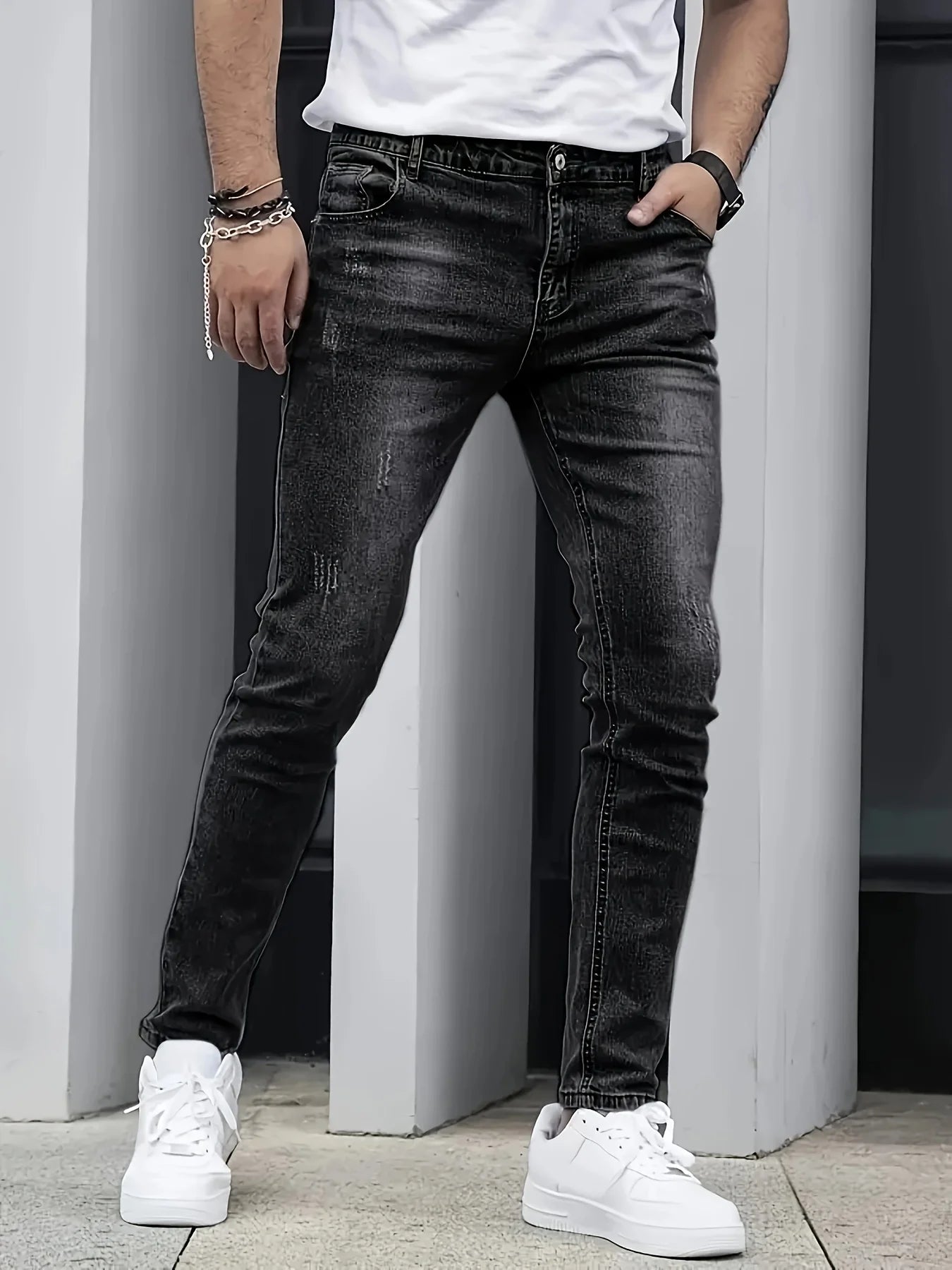 1 Piece of Men's Four-Season Snowflake Washed Fashion Jeans, Stretch Slim Fit Light Gray Dark Black Casual Denim Pants, Normcore and Fashionable, Suitable for Everyday Wear.