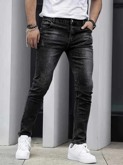 1 Piece of Men's Four-Season Snowflake Washed Fashion Jeans, Stretch Slim Fit Light Gray Dark Black Casual Denim Pants, Normcore and Fashionable, Suitable for Everyday Wear.