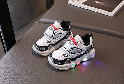 Diseny Kids'Casual Shoes Led Light Car Club Cartoon PU Leather Spring Shoes For Children Anti-slip Red Blue Shoes Size 21-30.