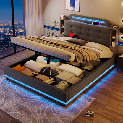 140*200cm Polsterbett mit LED-Lichtleiste und mehreren Ablagefächern, für Schlafzimmerwäsche, Beige (ohne Matratze)