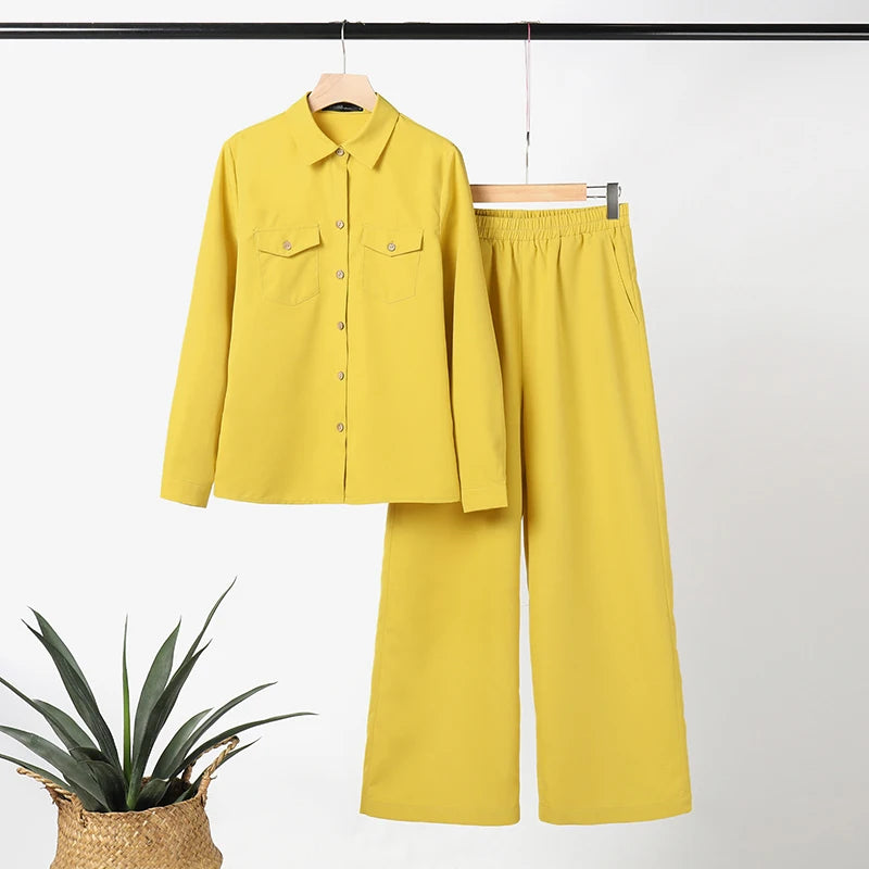 Elegant Autumn Women Matching Sets Long Sleeve Shirt Wide Leg Pants ZANZEA Casual Solid OL Work Suit Tracksuits Holiday Outfits.