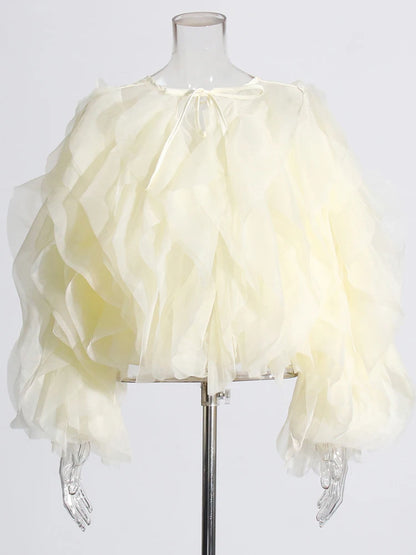 TWOTWINSTYLE Elegant Patchwork Ruffles Chiffon Blouses Women O Neck Lantern Long Sleeve Loose Shirt Female Clothing Fashion