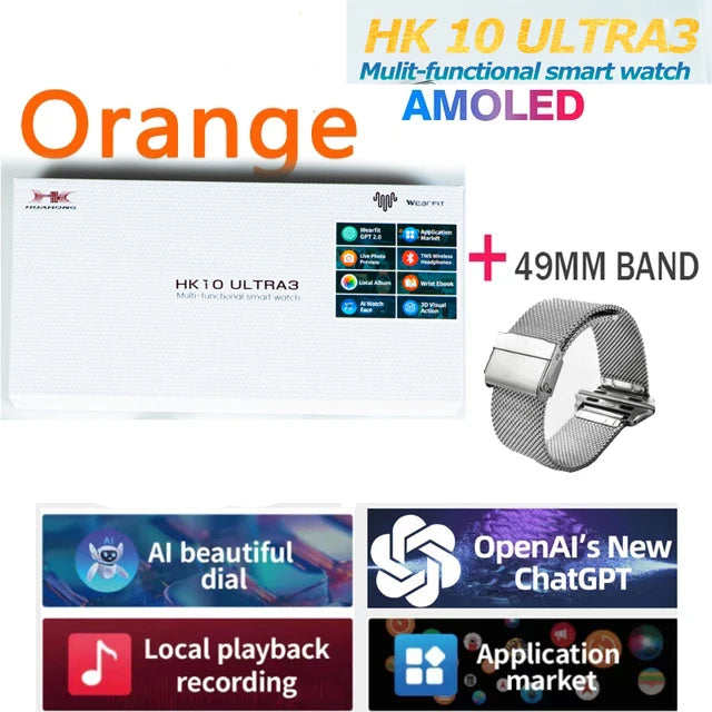 2025 New 49mm HK10 ULTRA 3 Smartwatch HD AMOLED 4G ROM Bluetooth Call Network Chat Robot Clock NFC Compass Smart Watch Men Women.