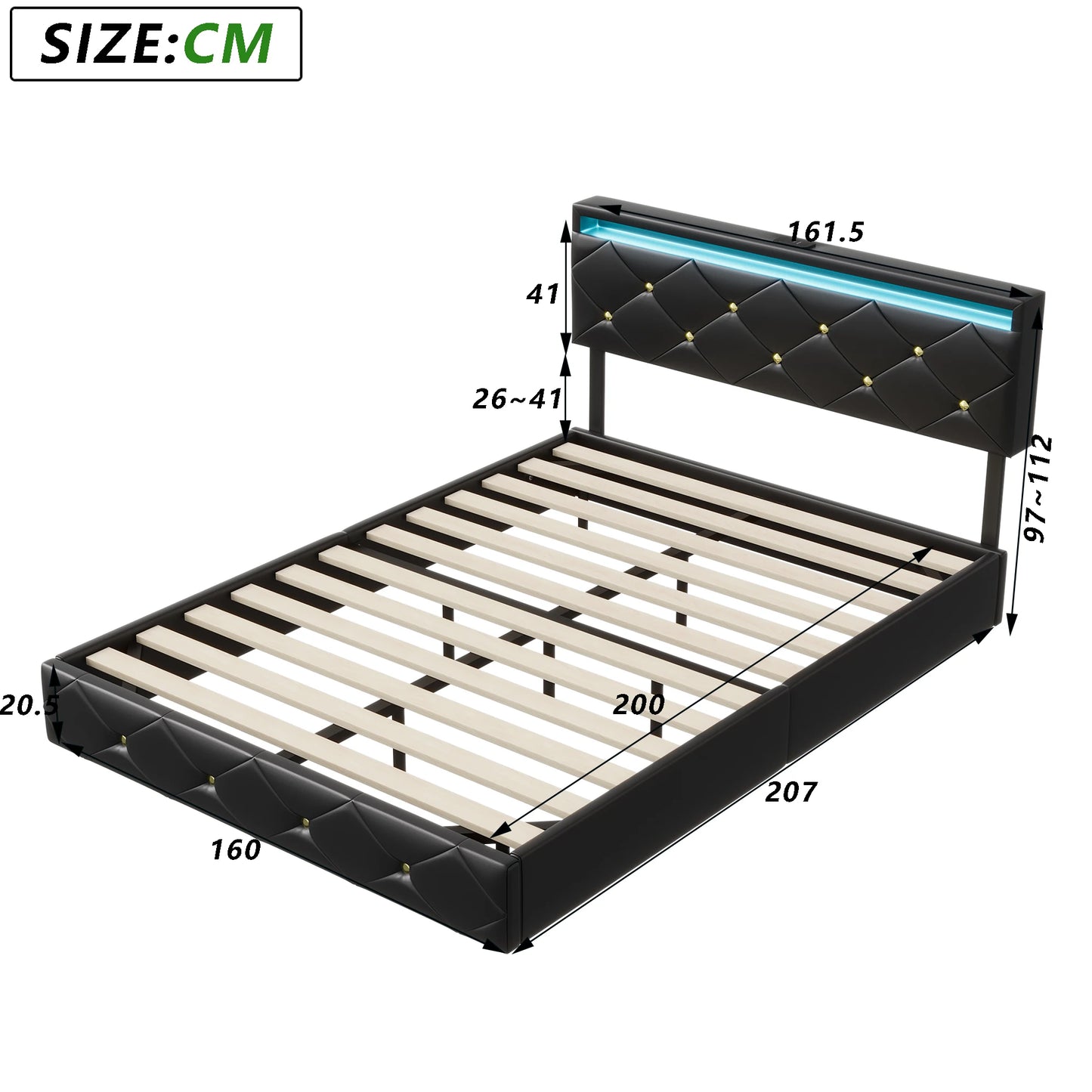 Anajqaqia 160 x 200 cm PU-Schwebebett mit verstellbarer Kopfteilhöhe + LED-Streifenbeleuchtung, Schwarz