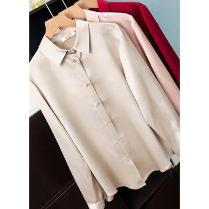 Women's French Style High Quality 40 MM Heavy Office Lady Solid Satin Silk Long Sleeve Shirt Ladies' Blouse.