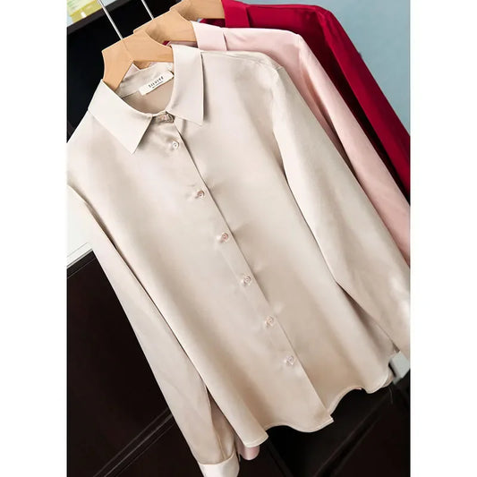 Women's French Style High Quality 40 MM Heavy Office Lady Solid Satin Silk Long Sleeve Shirt Ladies' Blouse.