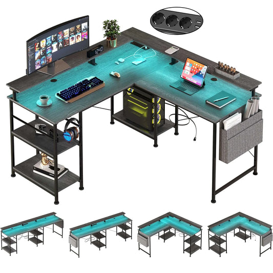 L-förmiger Schreibtisch Computertisch mit Regal, Steckdose, USB, LED RGB, Gaming Bürotisch, Grau/Schwarz