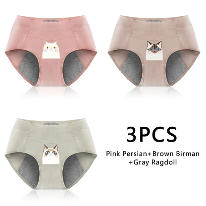 3PCS Cotton Menstrual Panties Leak Proof Breathable Cartoon cat Panties Woman Women Girls Physiological Pants Women's Intimates