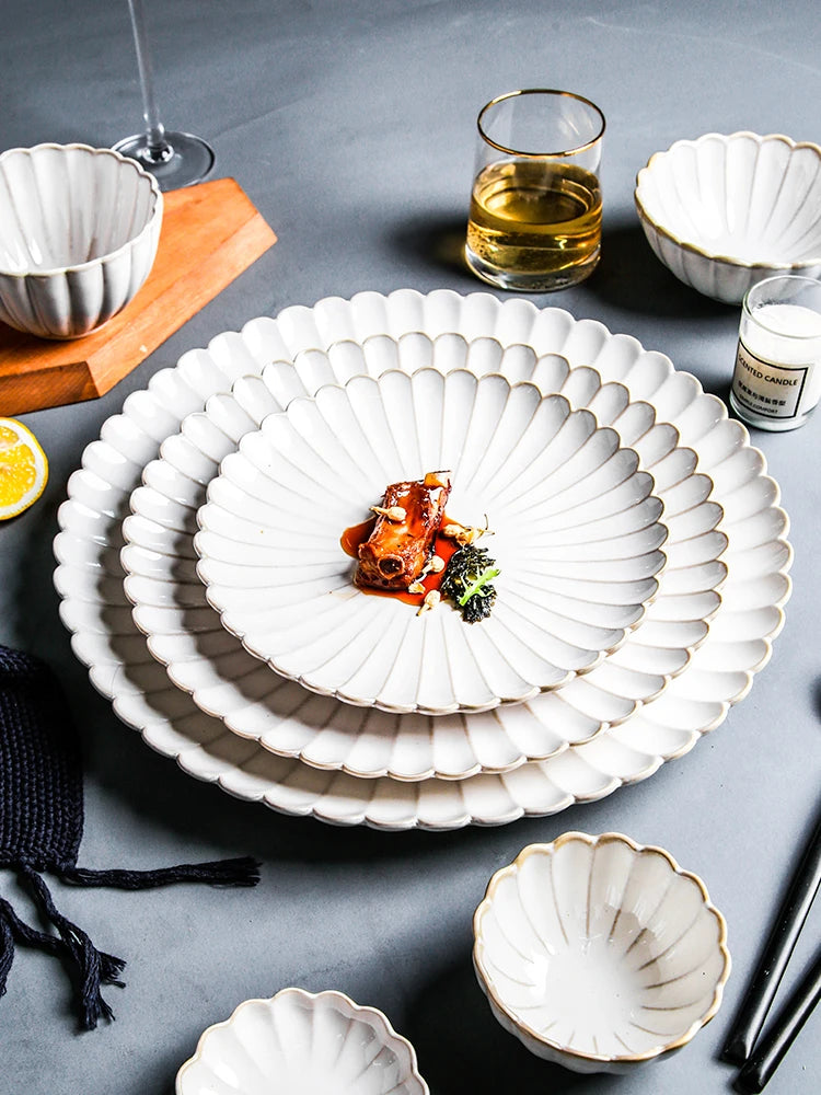 Nordic Household White Bowls Dinner Plates Ceramic White Glaze Tableware Set Western Steak Dish Salad Bowl Vegetable Fish Plate.