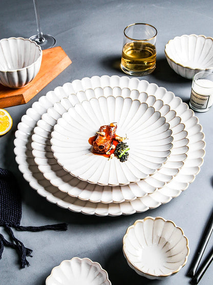 Nordic Household White Bowls Dinner Plates Ceramic White Glaze Tableware Set Western Steak Dish Salad Bowl Vegetable Fish Plate.