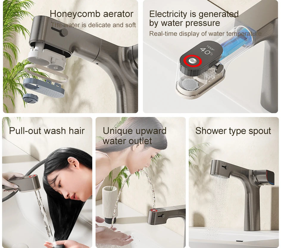 VGX Purified Bathroom Faucets Pull Out Water Filter Tap White Basin Mixer Sink Faucet Gourmet LED Display Brass Tapware Crane