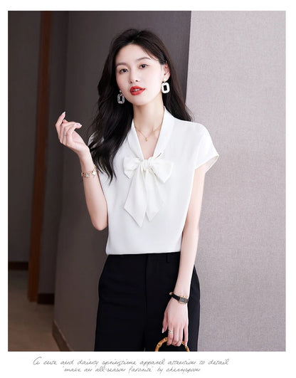 Bow Tie Blouse Shirt for Women OL Elegant Blouses Satin Womens Tops Silk Female Clothing 2023 Korean Fashion Short Sleeve Blouse.
