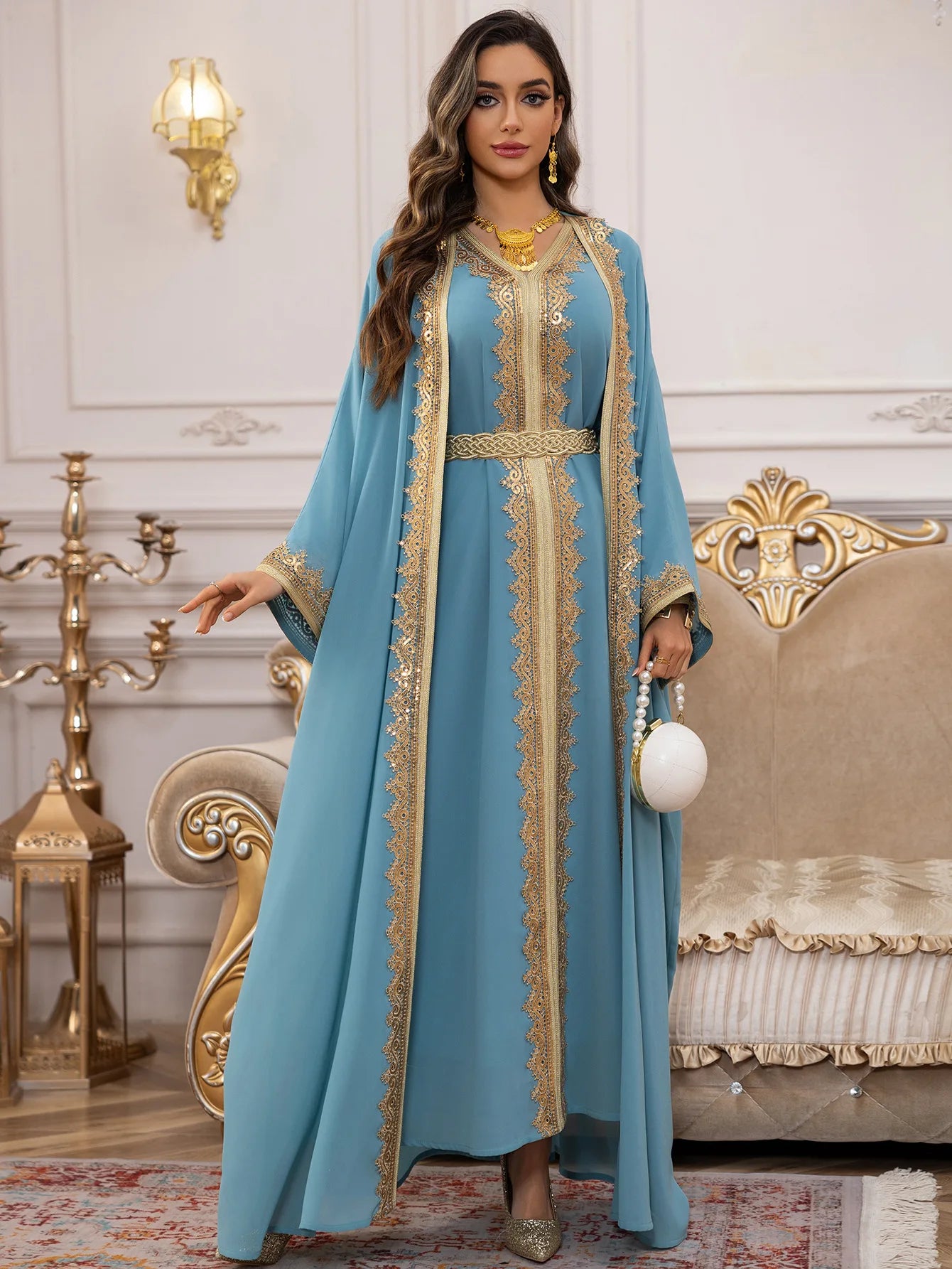 Uni Ramadan Sequins Dubai Abayas Arab Tunics Batwing Sleeve Dresses For Women Gala Two pieces Moroccan Elegant Kebaya.