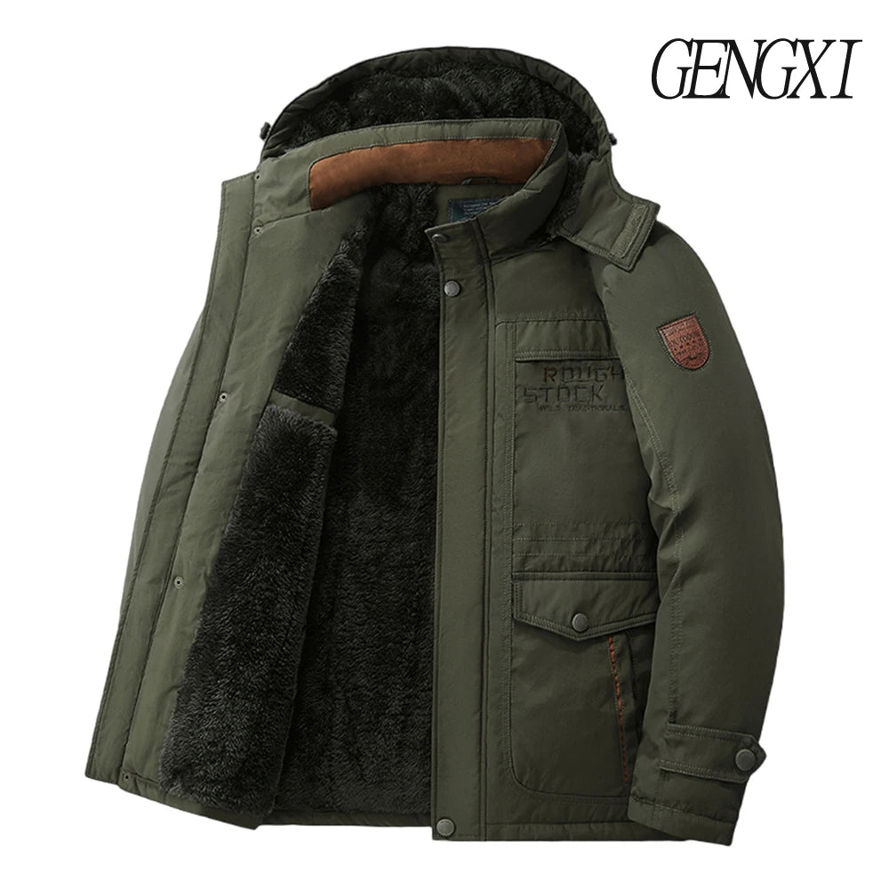 New Autumn/Winter Men's Fleece-Lined Thickened Cotton Coat Casual Vintage Workwear Jacket with Detachable Hood Multiple Pockets.