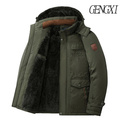 New Autumn/Winter Men's Fleece-Lined Thickened Cotton Coat Casual Vintage Workwear Jacket with Detachable Hood Multiple Pockets.