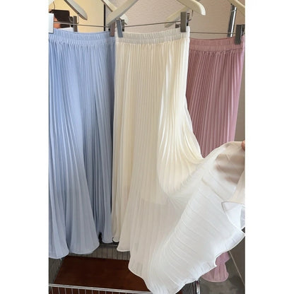 Women's Summer Elegant Pleated Elastic Waist Chiffon Long Skirt Lady High Waist A Line Streetwear Solid Color Skirt