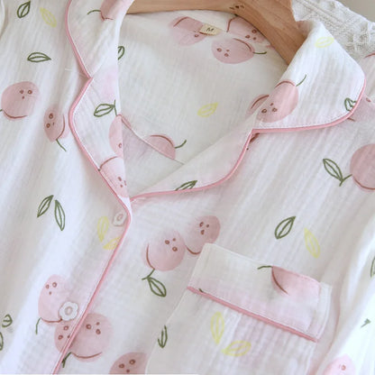 2025 Damen-Pyjama-Set für Frühling/Sommer, bedruckt, 100 % reine Baumwolle, dünn, langärmelig, zweiteiliges Set, frische und süße Strickjacke, Home Fury.