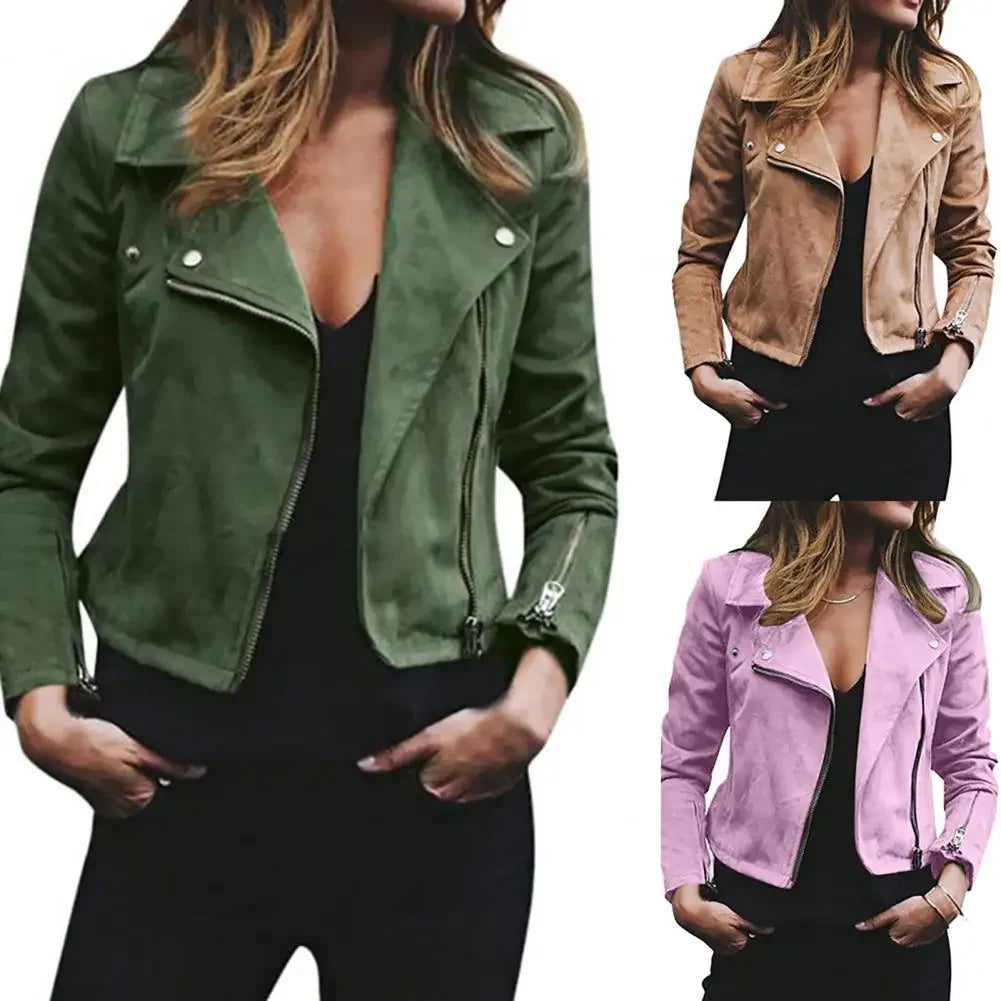 Biker Kurze Pu-Lederjacke Damen Einfarbig Revers Langarm Zip Up Kurze Jacke Mantel Punk Zip-Up Revers Kurzmantel Jacke.