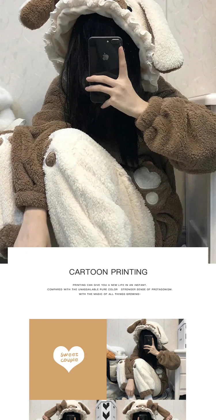 Cute Little Bear Pajamas for Women Thick Warm Fleece Home Wear Set Autumn Nightgown Girls 2025 New Winter Nightclothes 2Pcs.