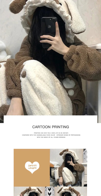 Cute Little Bear Pajamas for Women Thick Warm Fleece Home Wear Set Autumn Nightgown Girls 2025 New Winter Nightclothes 2Pcs.