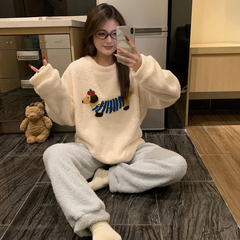 Kawaii Hello Kitty Pajamas Girl Sanrio Long-Sleeved Loungewear Sweet Young Student Girl  Warm Home Clothes Sleepwear Set.