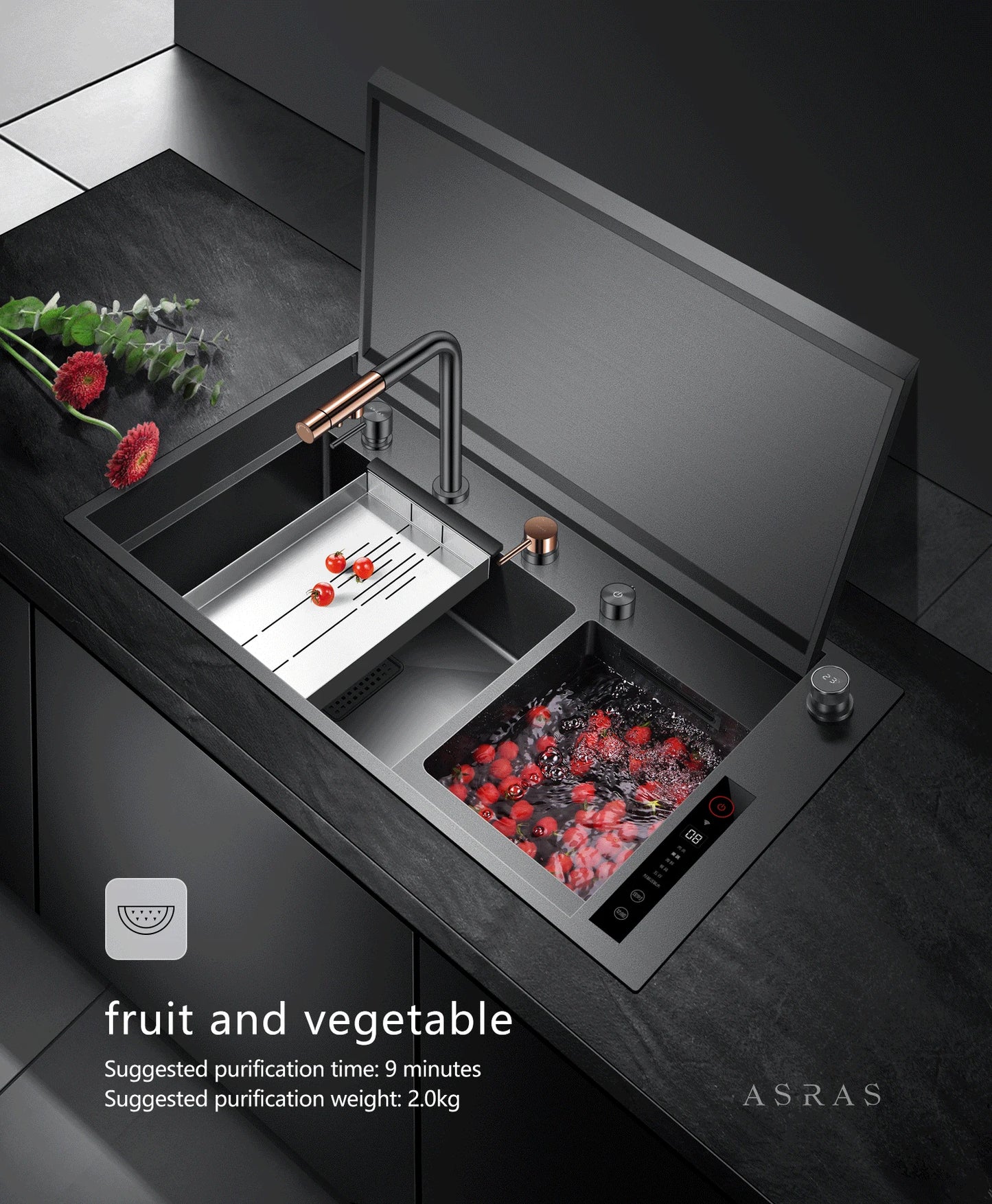 ASRAS Kitchen Sink Stainless Steel Nano Grey Kitchen Sink with Built-in Food Purifier, Hidden Cover & Adjustable Lift Faucet