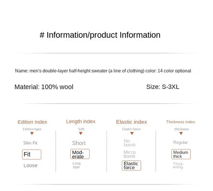 100% Pure Merino Wool Men's Semi High Neck Pullover Solid Color Plus Size Casual Sweater Autumn And Winter Sports Cashmere Top.