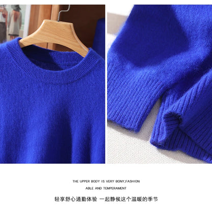 Women's Round-neck Mink Cashmere Sweater Soft Pullover Jumper Comfortable Knitted Top for Autumn Winter Pure Mink Material