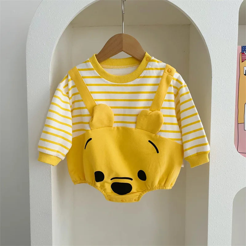 Cartoon gelber Bär gestreifter Body Frühling Herbst weiche Baumwolle Baby kleidung Overall Neugeborene Kleidung K6181-1.