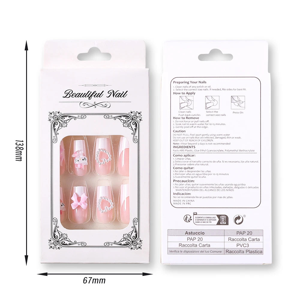 24Pcs Long Square Pink Hello Kitty False Nails French Wearable Full Cover Fake Nails Kitty Cat Bow Heart Design Press On Nails.