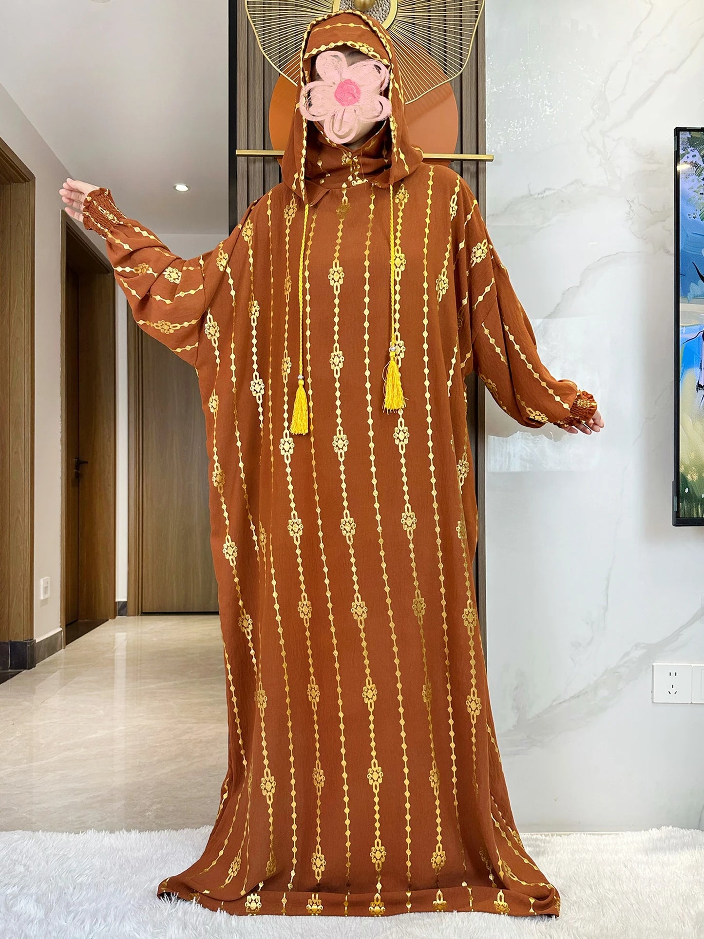 High Grade Cotton Fabric Ramadan Muslim Two-Hat Abaya Dubai Turkey Islam Prayer Clothes Gold Dust Dress Islam Women Dress Kaftan