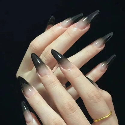 24pcs Black Gradients Long Paragraph Fashion Manicure Patch Reusable Adhesive False Nails Almond Fake Nails Press On Stiletto.