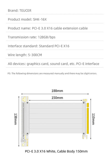 TEUCER PCI-E 4.0 X16 Riser Cable Video Card Extension Shielded Flexible 90° Mounting GPU Extension Cord Black/White.
