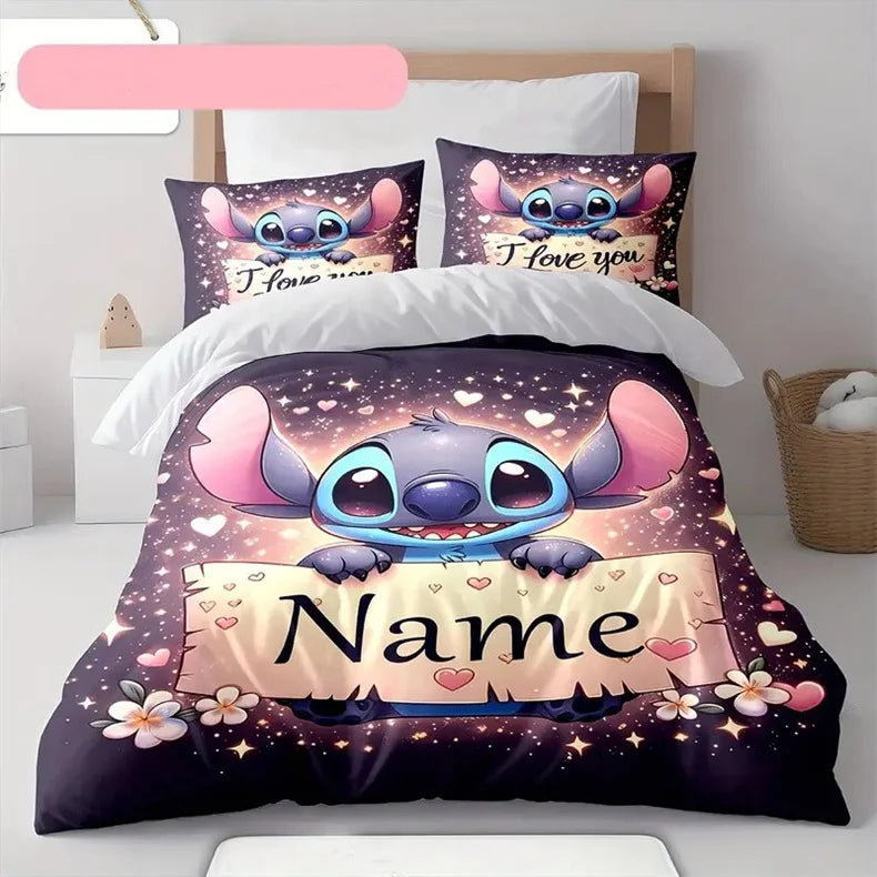 Customizable Stitch Anime Duvet Cover with 2 Pillowcases Cartoon Personalized Name Bedding Set for Women Children Teens.