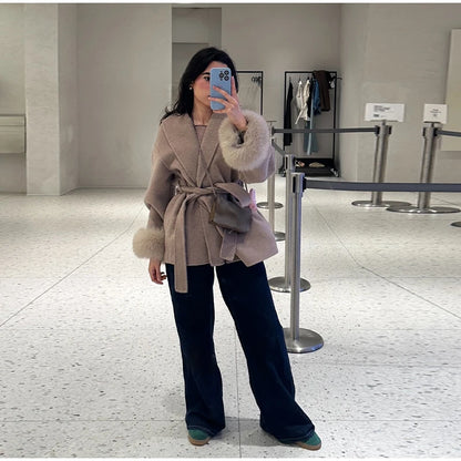 Frauen Mäntel Elegante Revers Plüsch Mit Gürtel Faux Pelz Hülse Tweed Offenen Mantel Weibliche 2025, Herbst Winter Mode Dame streetwear
