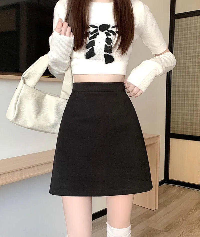 Autumn Winter Womens Woolen Skirt 2024 New Korean Style High Waist Bodycon Mini Skirts Ladies College Style Zipper A-Line Skirt.