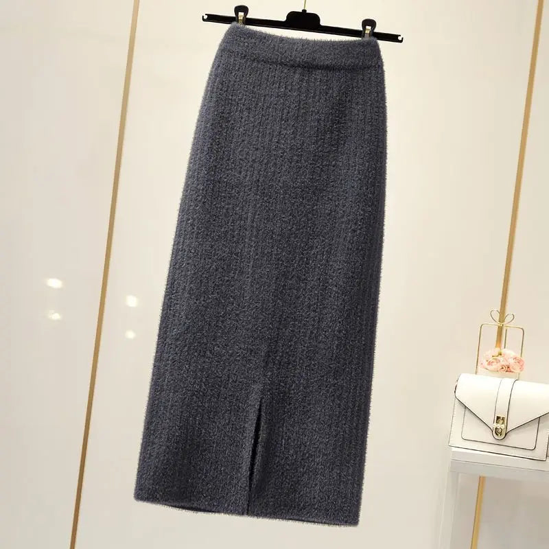 Mink velvet skirt female autumn and winter mid-length knitted one-step skirt split straight winter skirt casual solid long skirt.