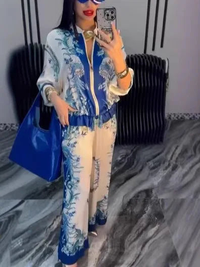 Summer Fashion Print Women's 2-piece Set Flower Zipper Baseball Uniform Drawstring Trousers Two-piece Outfit Elegant Office Suit.