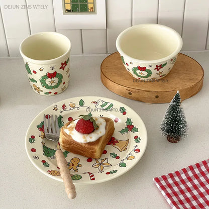 Cute Ceramic Plates Christmas Party Desserts Cake Plates Children's Breakfast Milk Cups Household Kitchen Ceramic Noodle Bowls.