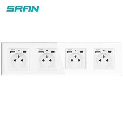 SRAN Französische USB-Wandsteckdose 5 V 2,1 A, Kristall-Hartglasscheibe 16 A 220 V 82 x 82 mm Steckdose Frankreich-Standard mit Abdeckung