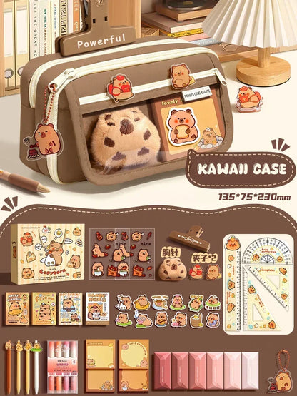 Große Kapazität Bleistift Tasche Capybara Cartoon Leinwand Schreibwaren Halter Tasche Mit Broschen Aufkleber Clips Schlüsselanhänger Kinder Stift Fall