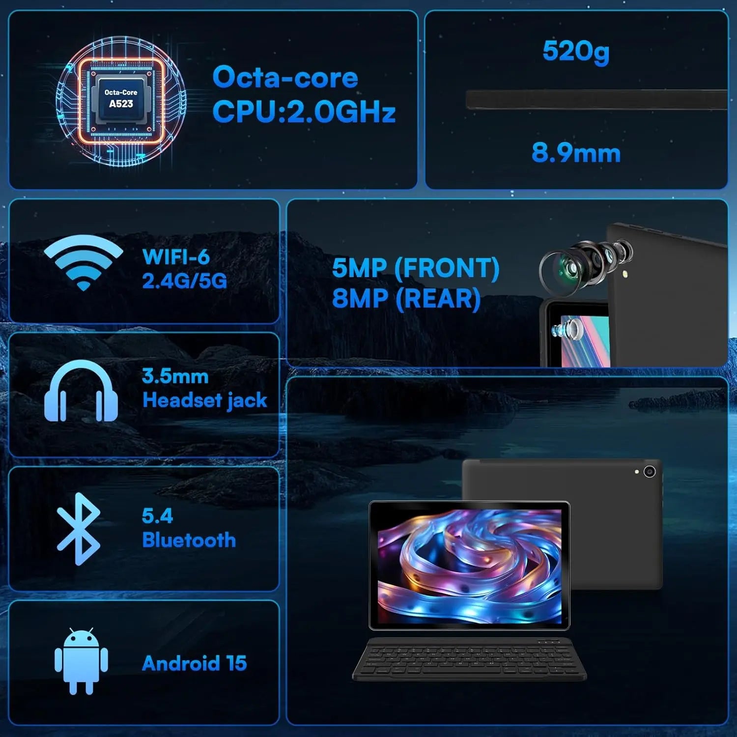 URAO C109L 10 Inch Tablets Android 15 A523 Octa Core Tablet 24GB+128GB 1 TB Expansion WiFi 6 5MP+8MP Camera Keyboard Mouse Set.