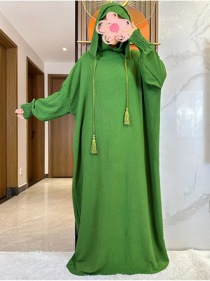 Muslim Abaya Solid Cotton Pullover Two Hat Women Eid Hooded Long Maxi Dress Turkey Kaftan Arab Robe Islamic Hijab Dubai Clothing