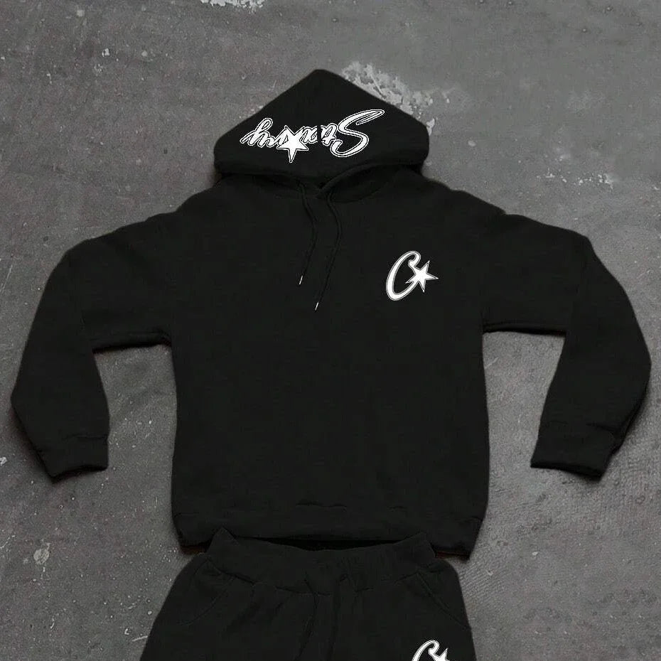 Two-piece black suit Y2K fashion pattern hoodie men clothing Harajuku Gothic women chic sports pants couple suit sportswear.