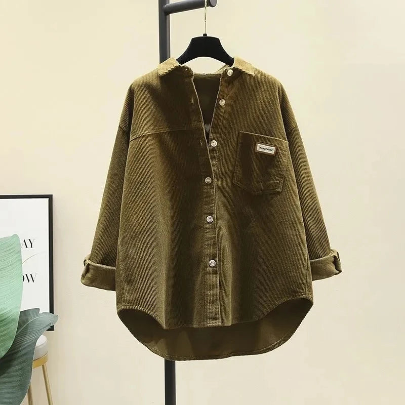 2023 frühling Herbst Cord Langarm-shirt für Frauen Koreanische Ausgabe Casual Mode Medium länge Shirts Weibliche Outwear Tops