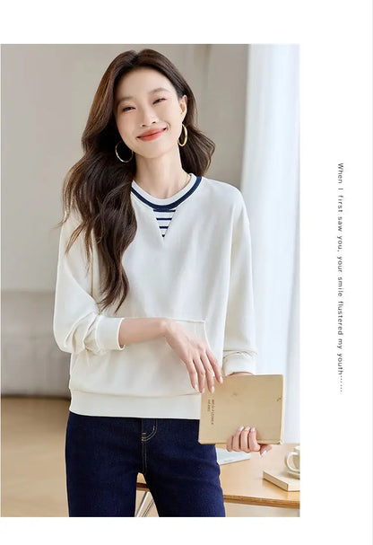 Apricot Round Neck Contrast Long Sleeve Womens Sweatshirt Stylish Casual Minimalist Top.