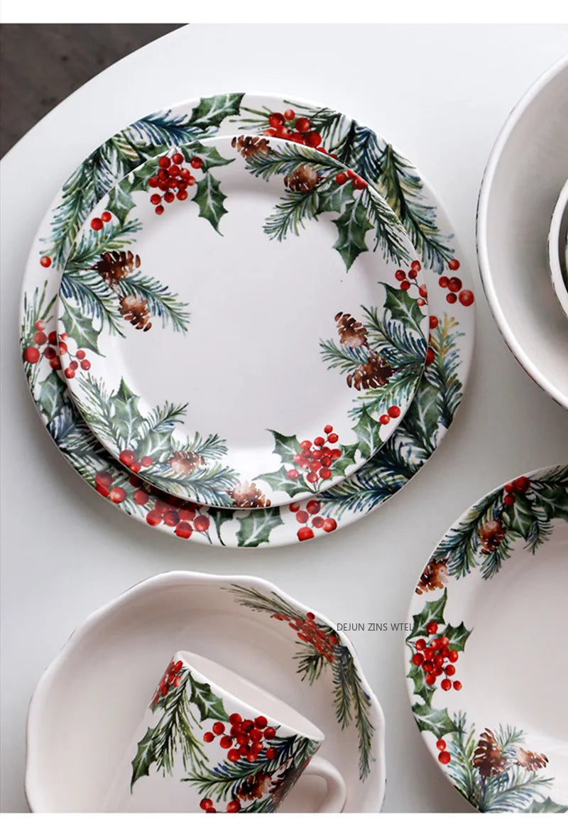 1PC Creative Kitchen Ceramic Plates Exquisite Christmas Tableware Steak Pasta Salad Plates High-quality Ceramic Dinner Plates.