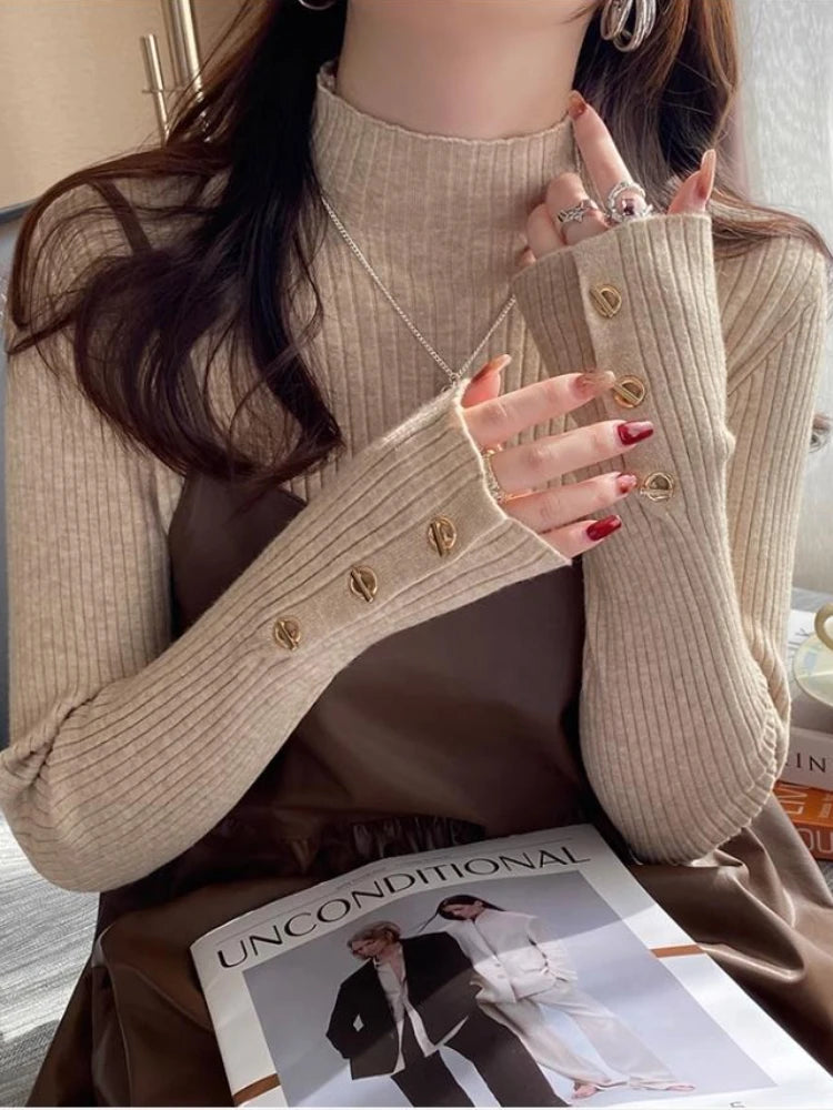 2025, weibliche Casual Tops Pullover Frauen Herbst Winter Gestrickte Dünne Pullover Feste Taste Volle Hülse Halb Hohen Kragen Pullover