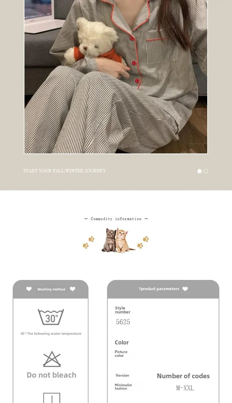 2 Teile/satz frauen Langarm Lose Atmungs Student Nachtwäsche Loungewear Strickjacke Grau Gestreiften Mädchen Mode Pyjamas Homewear.