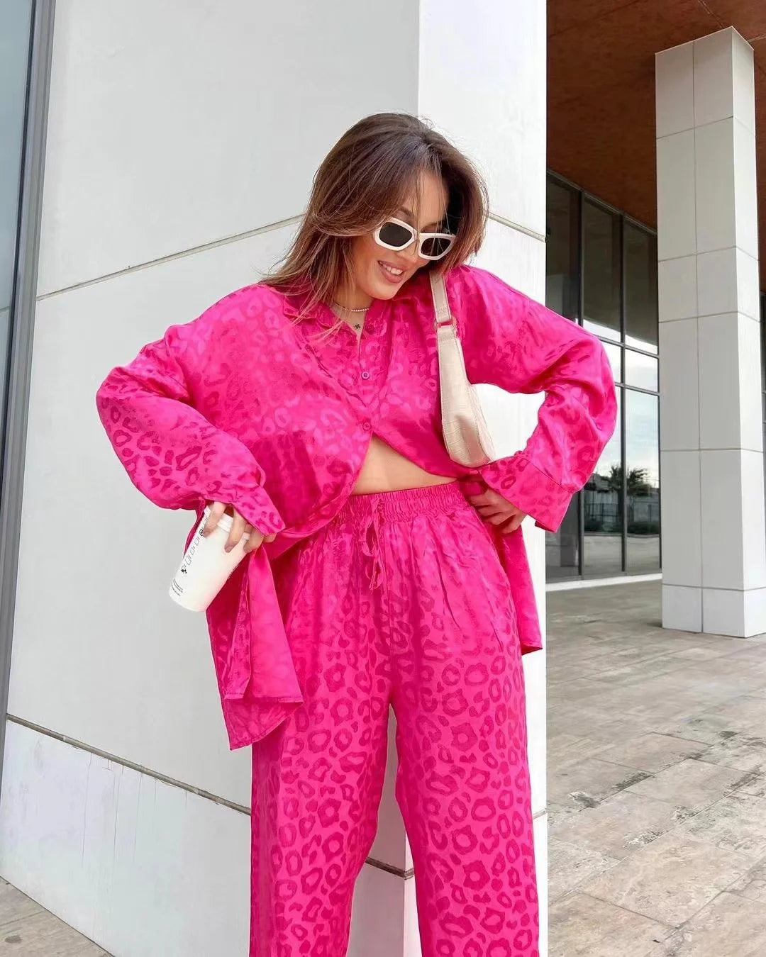 2024 Autumn White Satin Wide Leg Trousers Suit For Women Office Leopard Print Two-Piece Set Home Tracksuit Female Pajamas Sets.